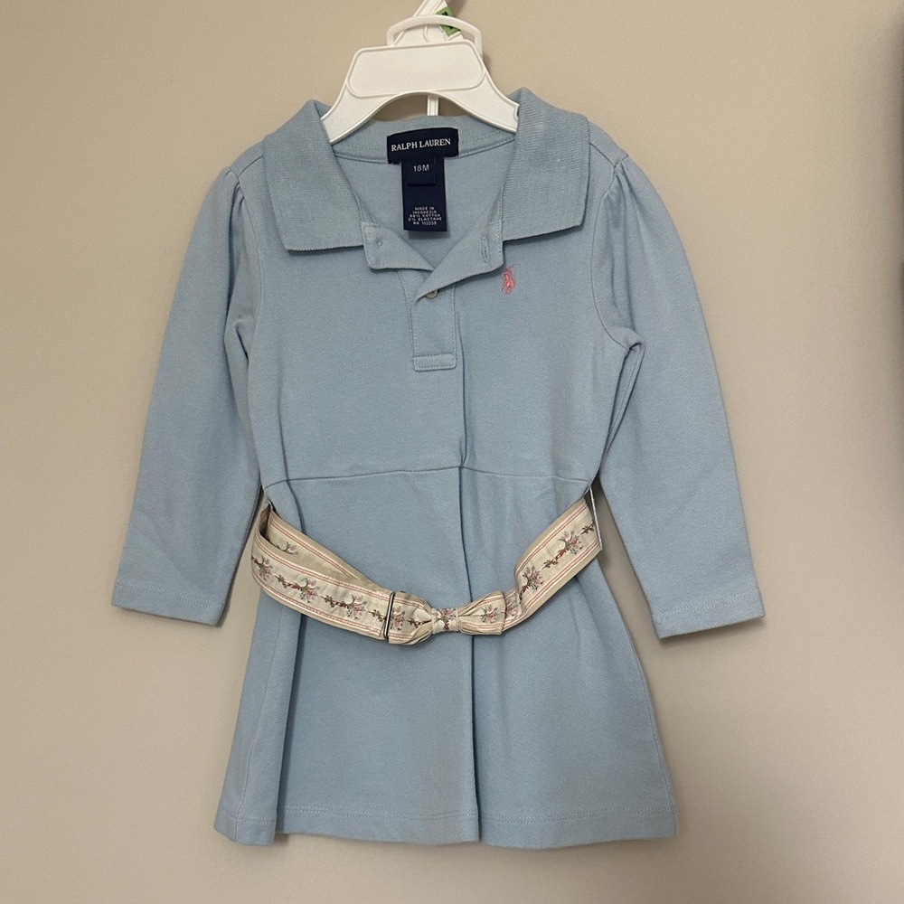 Ralph Lauren Baby Blue Long-Sleeve Polo Dress with Embroidered Pony